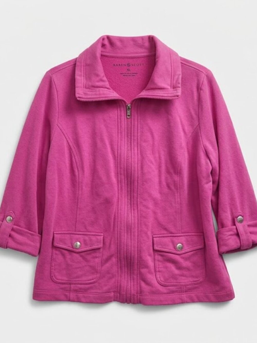 Karen Scott Women's Pink Zip-Front Jacket XL Cotton | Soft Roll-Tab Utility Coat